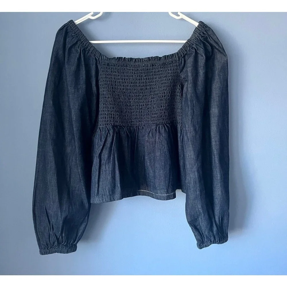 J Crew puff sleeve chambray smocked preppy top large